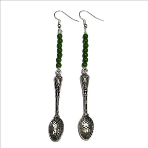 Artisan Handmade Silver Tone "Spoon Full Of Peas" Dangle Earrings Green Beads